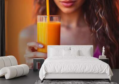 Orange detox juice good digestive young woman hand on stomach belly with glass of vegetable juice carrot smoothie for diet girl drinking healthy meal food for weight loss isolated on b : Generative AI Wall mural