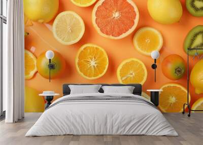 Orange flatlay covered in tropical fruit like lemon kiwi mango ananas passion fruit grapefruit Summer vibes background fresh healthy food : Generative AI Wall mural