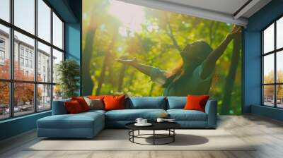 Overjoyed happy woman enjoying the green beautiful nature woods forest around her  concept of female people and healthy natural lifestyle  happiness emotion and adult lady opening arms : Generative AI Wall mural