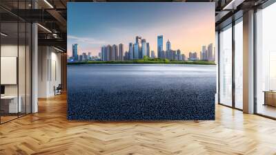 Panoramic skyline and modern commercial buildings with empty road Asphalt road and cityscape at sunrise : Generative AI Wall mural