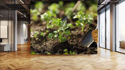 parsley seedlings in veggie garden in spring with shovel and label tag Raised veggie garden beds : Generative AI Wall mural