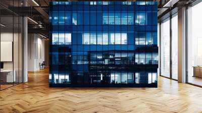 Pattern of office buildings windows illuminated at night. Glass architecture ,corporate building at night - business concept. Blue graphic filter. : Generative AI Wall mural