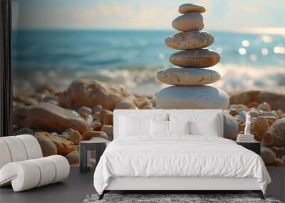 Pebble tower balance harmony stones arrangement on sea beach coastline Relaxing peaceful formation pyramid cobblestone philosophy equilibrium spiritual tranquility Spa therapy summer t : Generative AI Wall mural