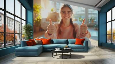 Photo of cheerful adorable girl hr recruiter employer sitting on floor in apartment thumbs up nice cv resume indoors : Generative AI Wall mural