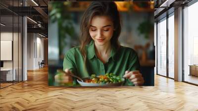 Photo of funky dreamy lady dressed green shirt enjoying tasty meal closed eyes indoors house kitchen : Generative AI Wall mural