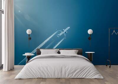 Plane with white flight path on blue background copy space : Generative AI Wall mural