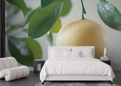 Pomelo fruit with green leaf on tree branch isolated on white background : Generative AI Wall mural