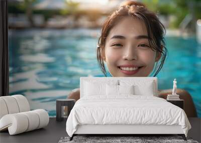 Portrait beautiful young asian woman smile relax leisure around outdoor swimming pool with city view : Generative AI Wall mural