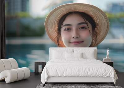 Portrait beautiful young asian woman smile relax leisure around outdoor swimming pool with city view : Generative AI Wall mural