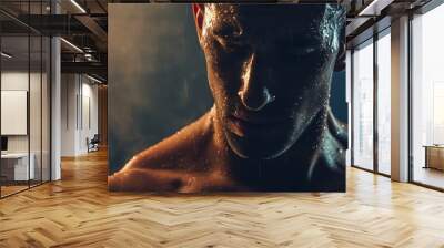 Portrait of a sweaty and muscular man breathing hard on the hard work just finished Concept of breathing workout gym and workout and fatigue : Generative AI Wall mural