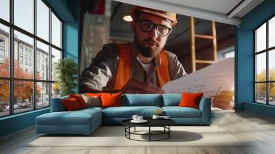 Portrait of an architect builder studying layout plan of the rooms serious civil engineer working with documents on construction site building and home renovation professional foreman  : Generative AI Wall mural