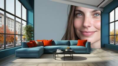 Portrait of beautiful smiling 30 years woman isolated on grey background closeup Copy space Banner Pretty face Looking at camera White skin big eyes and long brown hair European appear : Generative AI Wall mural