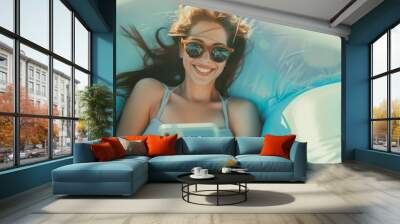 Portrait of charming smiling woman in sunglasses using cellphone and write messages to friends while lying on inflatable mattress on summer beach : Generative AI Wall mural