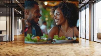 Portrait of cheerful beautiful afroamerican couple dining in restaurant and talking Happy black man and woman eating salad and drinking red wine on date in modern cafe : Generative AI Wall mural