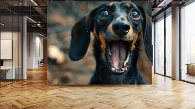 Portrait of dachshund dog with open mouth bulging eyes screaming in fear horror Emotional pet surprised by discounts sale Children hysteria indignation of little monster grouchy behavi : Generative AI Wall mural