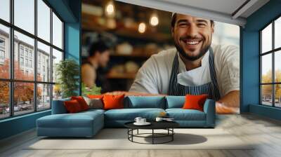 Portrait of happy smiling man in cook apron preparing fresh natural meal salmon at kitchen Handsome cheerful chef man in chef apron preparing raw fish salmon Healthy food cooking conce : Generative AI Wall mural