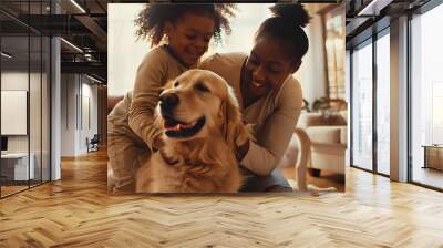 Portrait of smiling beautiful African American family mother daughter and son playing dancing with golden retriever at home in living room Children having fun Happy childhood concept : Generative AI Wall mural