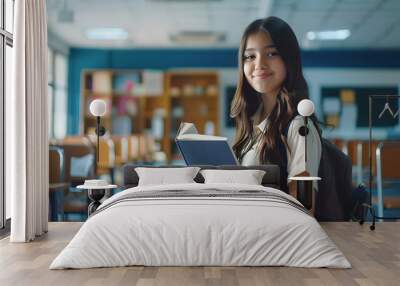 Portrait of smiling smart teenage girl holding book looking at camera standing in modern classroom copy space Back to school education concept : Generative AI Wall mural