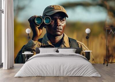 Portrait safari and wildlife with a man ranger outdoor in a game park for nature conservation Animals binoculars and blurred background with an african male person on patrol in the wil : Generative AI Wall mural