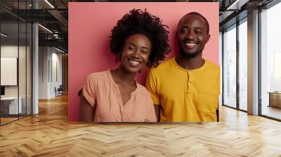 Positive smiling african couple in casual wear looking away at copy space isolated over pink studio background : Generative AI Wall mural