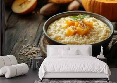 Pot of tasty millet porridge with pumpkin and ingredients on wooden background : Generative AI Wall mural