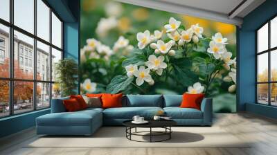 Potatoes flowers blossom flowering potato plant Close up organic vegetable flowers blossom growth in garden : Generative AI Wall mural