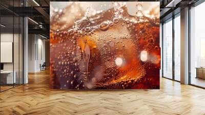 Pouring of Cola and Ice Cola soda and ice splashing fizzing or floating up to top of surface Close up of ice in cola water Texture of carbonate drink with bubbles in glass Cold drink b : Generative AI Wall mural