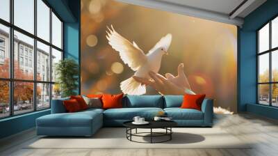 Praying hands and white dove flying happily on blurred background hope and freedom  concept : Generative AI Wall mural