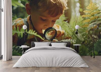 Preschooler boy is exploring nature with magnifying glass Little child is looking on leaf of fern with magnifier Summer vacation for inquisitive kids in forest Hiking Boyscout : Generative AI Wall mural