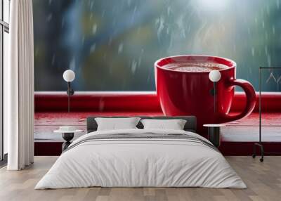 red mug of hot drink, when behind a window is rain / cozy home atmosphere : Generative AI Wall mural