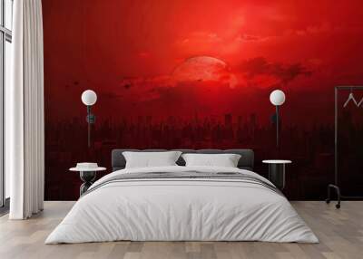 Red sunset over the city Black red abstract background Dramatic sky Dark red horror background Blood red sunset Armageddon : Generative AI Wall mural