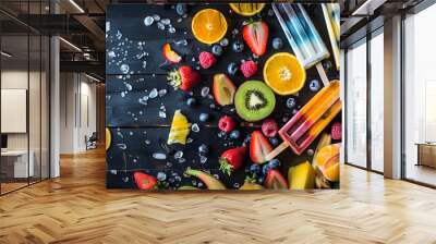 Refreshing summer food double border Selection of grilled fruits ice cream and ice pops Overhead view on a dark wood banner background : Generative AI Wall mural