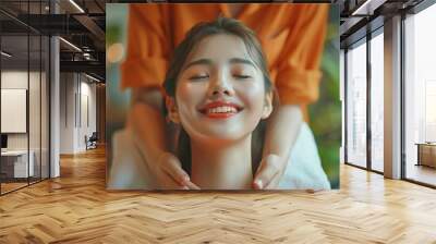 Relax spa and woman with wellness massage and luxury treatment with stress relief smile and joy Client female person and lady with hands employee and skincare with grooming zen and sel : Generative AI Wall mural