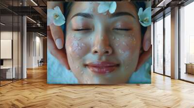 Relax spa and woman with wellness massage and luxury treatment with stress relief smile and joy Client female person and lady with hands employee and skincare with grooming zen and sel : Generative AI Wall mural