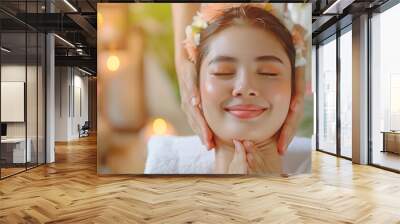 Relax spa and woman with wellness massage and luxury treatment with stress relief smile and joy Client female person and lady with hands employee and skincare with grooming zen and sel : Generative AI Wall mural