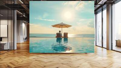 Relaxation holiday vacation of businessman take it easy happily resting on beach chair at swimming pool poolside beachfront resort hotel peacefully with sea or ocean view and summer su : Generative AI Wall mural