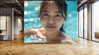 Retreat and vacation Portrait beautiful young asian woman enjoying around outdoor swimming pool in hotel resort Attractive girl relax in summer season : Generative AI Wall mural