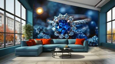 Ring with diamonds and sapphire in a plate with diamonds Jewelery production : Generative AI Wall mural