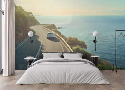 road landscape in summer car driving on the road of europe Highway scenery in beautiful nature A white car on the road against the backdrop of a blue seascape highway landscape on the  : Generative AI Wall mural