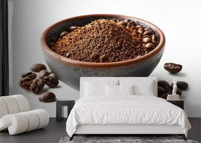 Roasted coffee beans and ground coffee instant coffee in bowl isolated on white background : Generative AI Wall mural