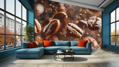 Roasted coffee beans flying in the air freeze motion : Generative AI Wall mural