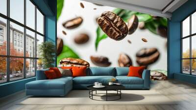 Roasted coffee beans with green leaves in the air isolated on a white background : Generative AI Wall mural