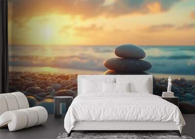 Rock stone stage in nature with sea beach seashore landscape and sunset summer sky nature Backgrounds well editing montage Displays product : Generative AI Wall mural