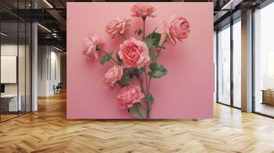 Romantic holiday flat lay March 8 Womens Day Valentines Day preparation greeting card mock up Gently pink pastel rose flowers bouquet on pink background top view copy space : Generative AI Wall mural