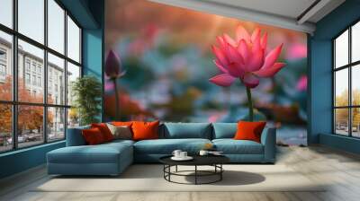 Royalty high quality free stock photo image of a pink lotus flower The background is the lotus leaf pink lotus flower lotus bud in a pond Viet Nam Peace scene countryside Vietnam Beaut : Generative AI Wall mural