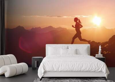 Running woman athlete sport concept Trail runner exercising in mountain summit background Female runner on run training outdoors living active fit lifestyle Silhouette at sunset : Generative AI Wall mural