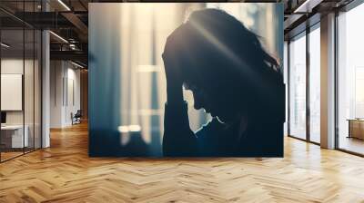 Sad stressed woman silhouette with hand over face next to window : Generative AI Wall mural