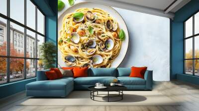 Seafood pasta with clams Spaghetti alle Vongole on a light background Top view : Generative AI Wall mural