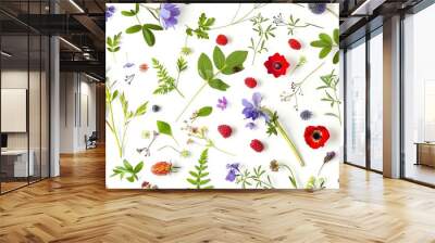 Seamless pattern from plants wild flowers and  berries isolated on white background flat lay top view The concept of summer spring Mothers Day March 8 : Generative AI Wall mural