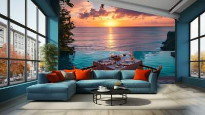 Seascape view under sunset light with dining table with infinity pool around Romantic tranquil getaway for two couple concept Chairs food and romance Luxury destination dining honeymoo : Generative AI Wall mural